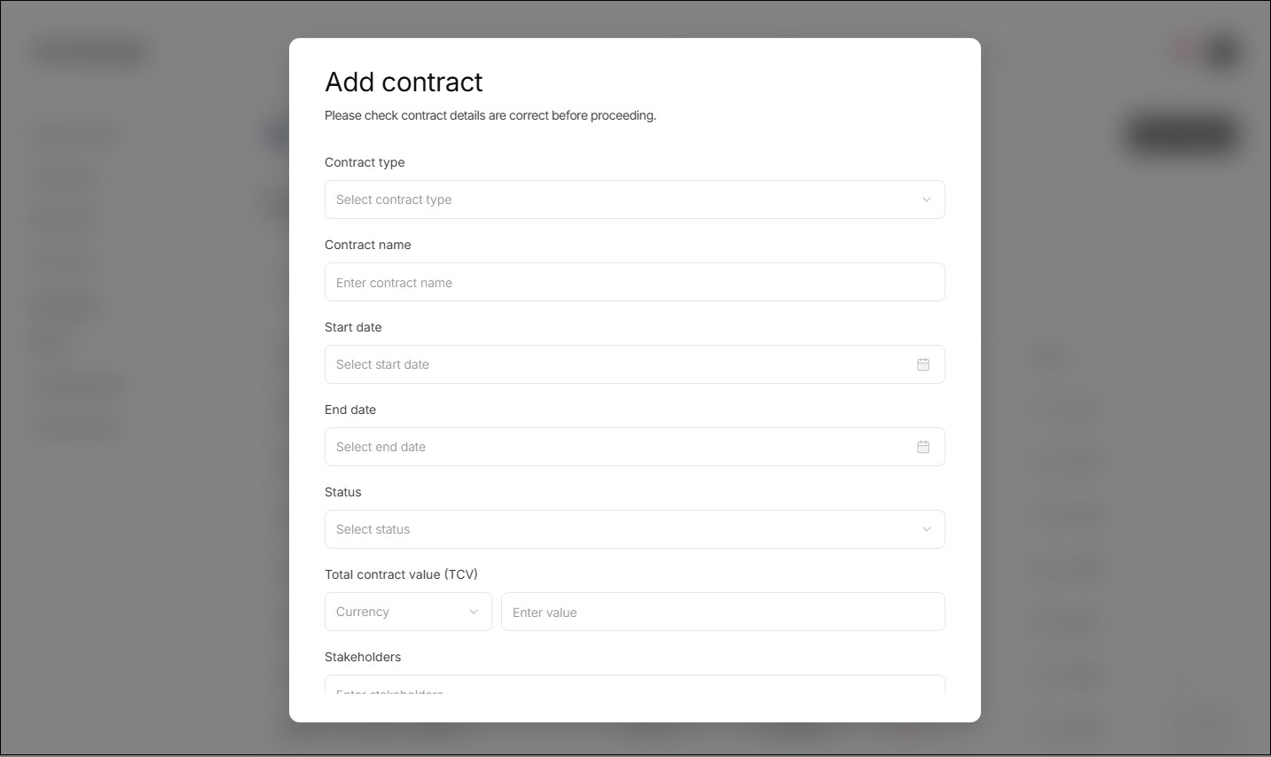 Add contract modal showing extracted contract data