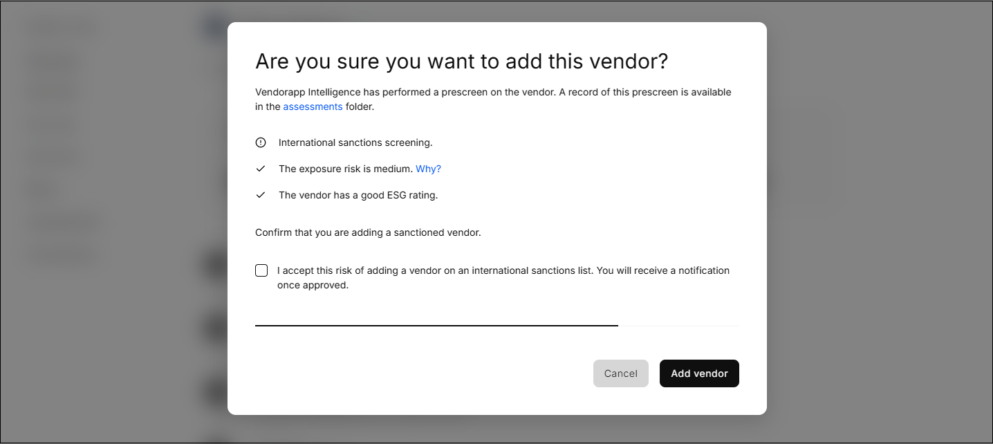 Add vendor confirmation modal