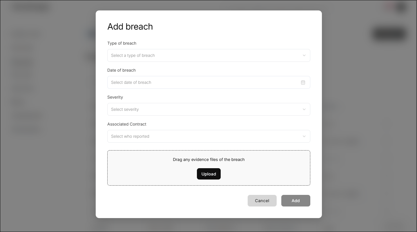 Vendor View showing add breach modal