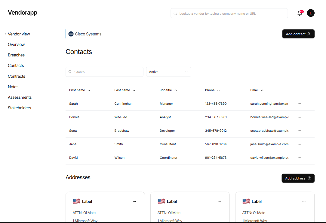 Contacts and Addresses view showing contacts table and address grid