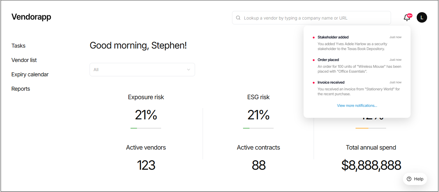 Notification center showing recent alerts and activity