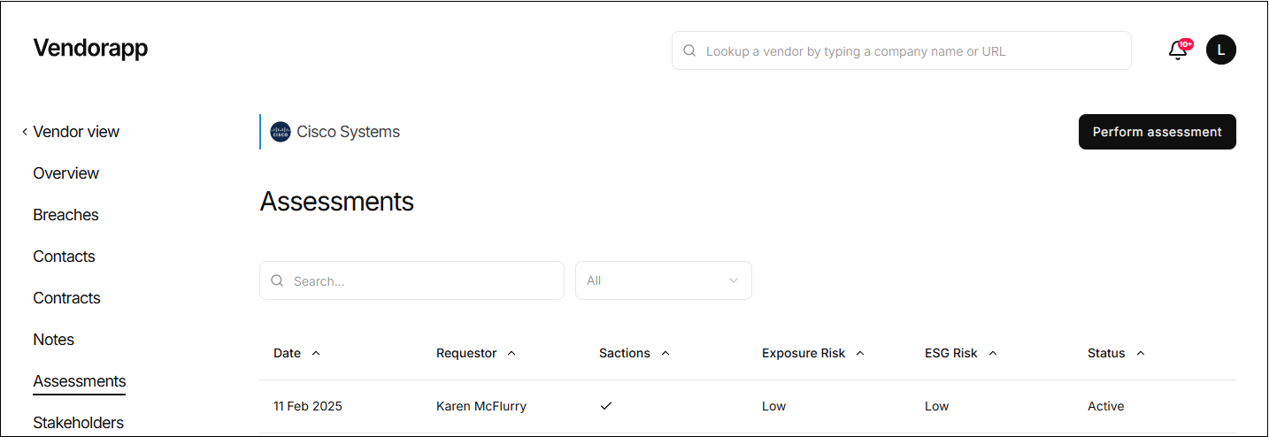 Vendor assessment screen